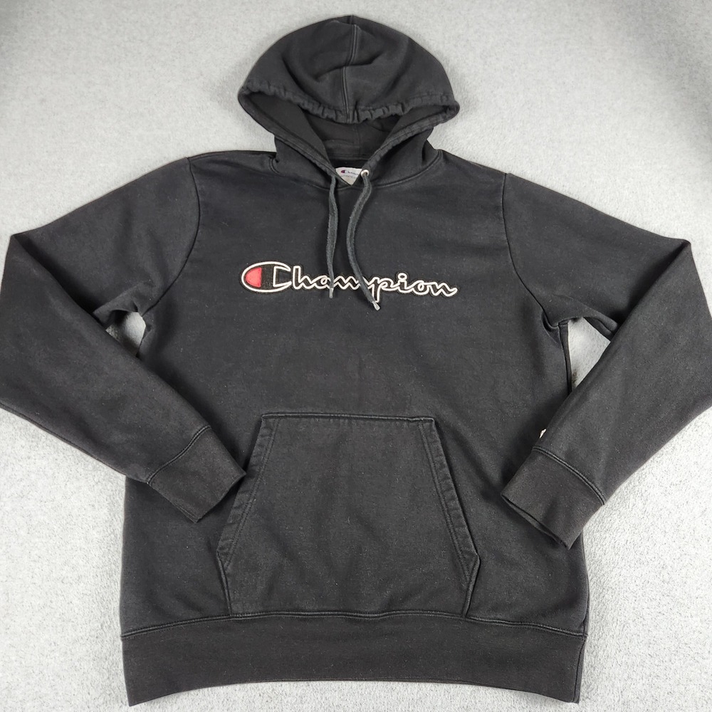 Champion Hoodie Mens Large Black Fleece Lined Stretch Logo Regular Fit Pullover